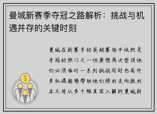 曼城新赛季夺冠之路解析：挑战与机遇并存的关键时刻