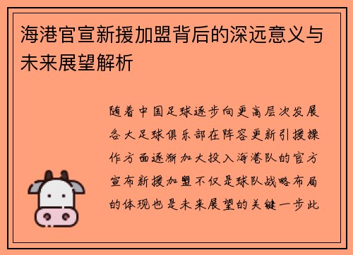 海港官宣新援加盟背后的深远意义与未来展望解析