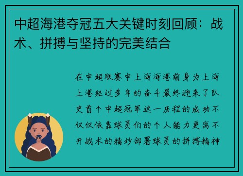 中超海港夺冠五大关键时刻回顾：战术、拼搏与坚持的完美结合