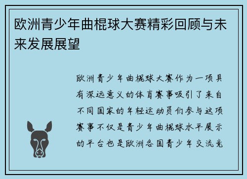 欧洲青少年曲棍球大赛精彩回顾与未来发展展望